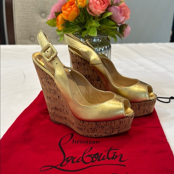 Authentic Christian Louboutin Gold Wedge Sandals